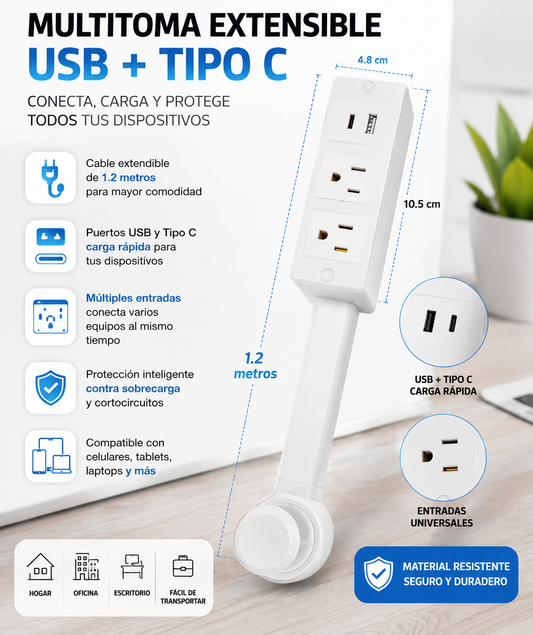TOMACORRIENTE EXTENDIBLE 1.2M USB/TIPOC